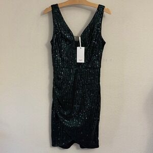 NWT Grace‎ Karin Emerald Green Sequin Deep V Neck Ruched Bodycon Mini Dress M